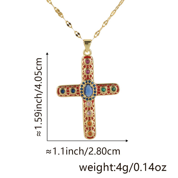 Necklace Copper Gold Plated Micro Inlay Color Zircon Geometric Cross Pendant Creative Fashion