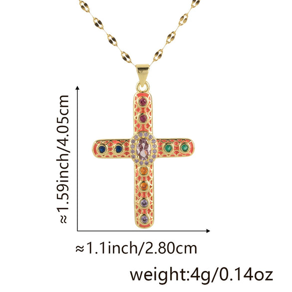 Necklace Copper Gold Plated Micro Inlay Color Zircon Geometric Cross Pendant Creative Fashion