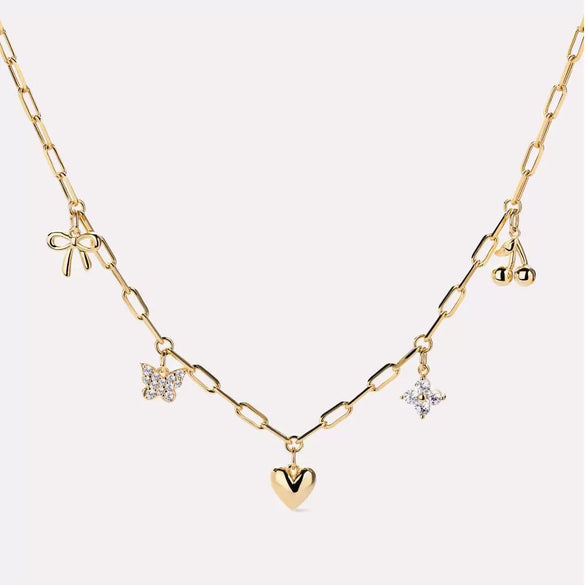 Necklace Copper Heart Butterfly Bow Set With Diamonds Simple Cute Style
