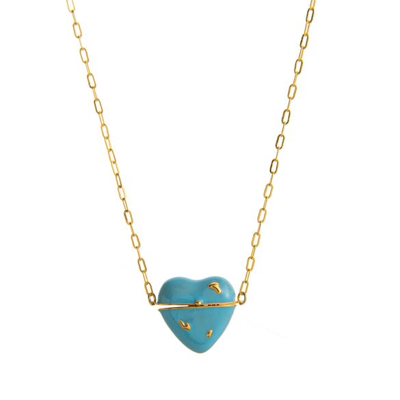 Necklace Copper Heart Shape Enamel Inlaid With Pearls