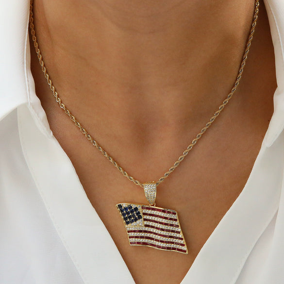 Necklace Copper Hiphop Ins Style American Independence Day Flag Inlaid With Zirconium Twist Chain Electroplating