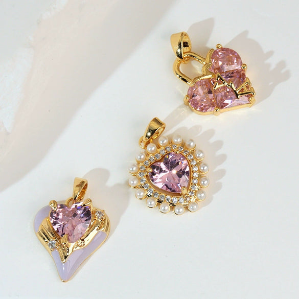 Necklace Copper Inlaid Zircon Pink Love Heart Shape Pendant With Melon Buckle Electroplating