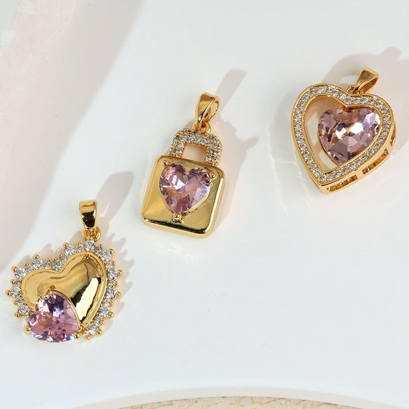 Necklace Copper Inlaid Zircon Pink Love Heart Shape Pendant With Melon Buckle Electroplating