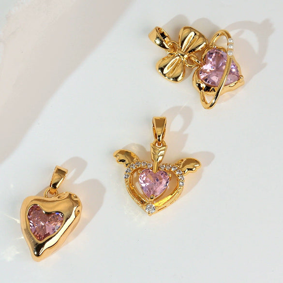 Necklace Copper Inlaid Zircon Pink Love Heart Shape Pendant With Melon Buckle Electroplating