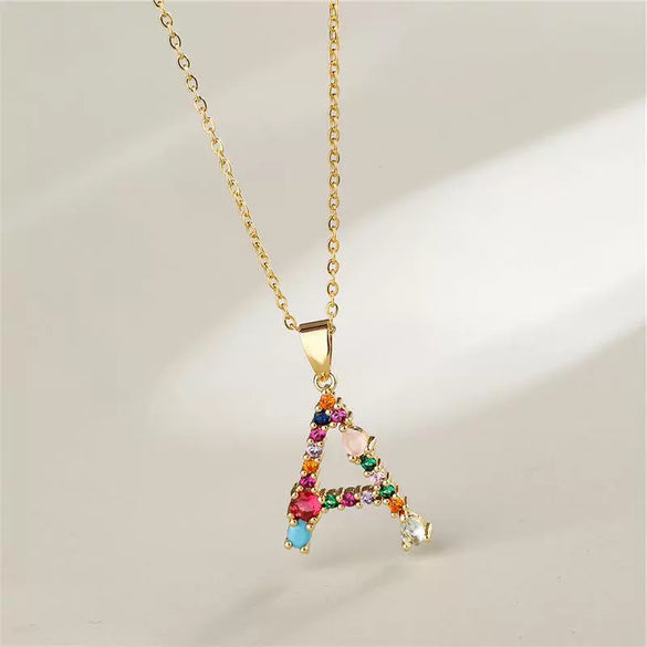 Necklace Copper Mixed Gem Inlaid English Letter Ochain Color Retention Electroplating Unisex