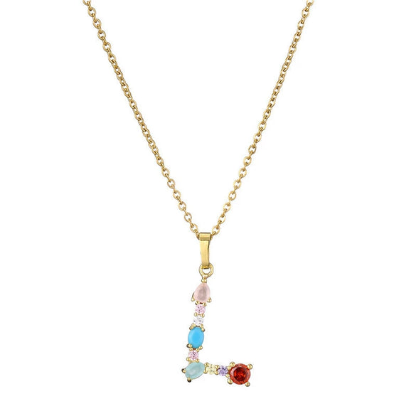 Necklace Copper Mixed Gem Inlaid English Letter Ochain Color Retention Electroplating Unisex