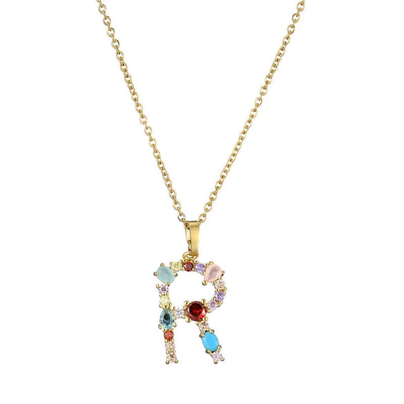 Necklace Copper Mixed Gem Inlaid English Letter Ochain Color Retention Electroplating Unisex