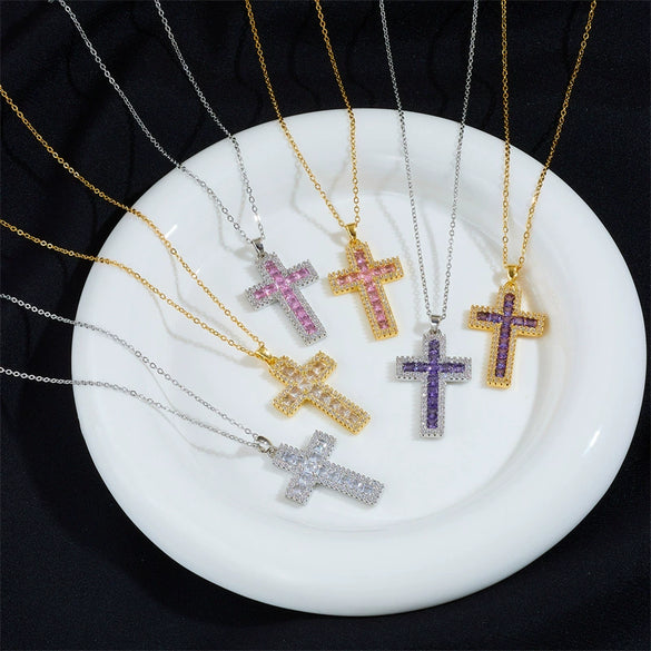 Necklace Copper Mixed Gem Inlay Geometric Cross Electroplating