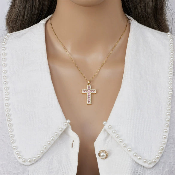 Necklace Copper Mixed Gem Inlay Geometric Cross Electroplating