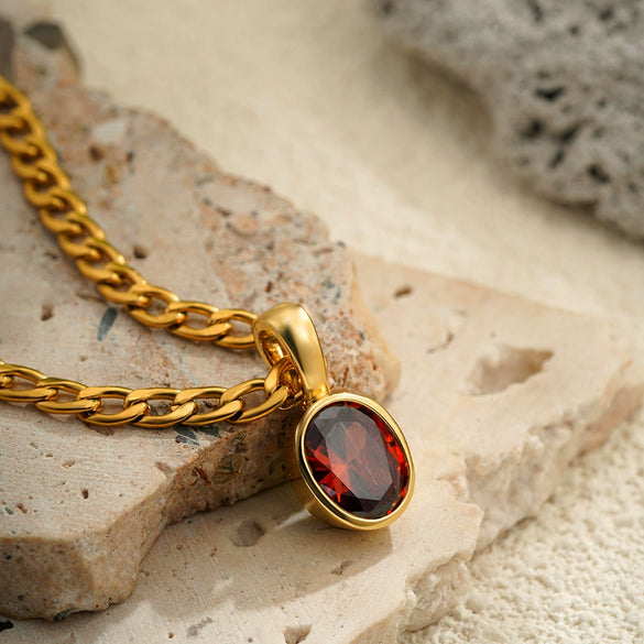 Necklace Copper Mixed Gemstone Inlay Geometric Vintage Oval Crystal Pendant Cuban Chain Women