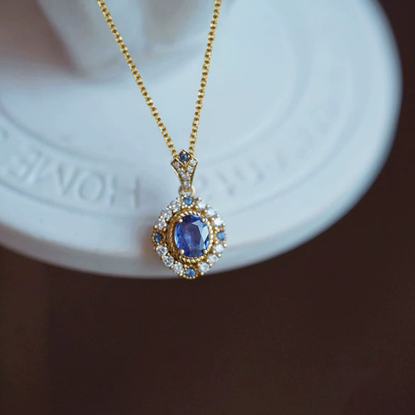 Necklace Copper Mixed Gemstone Inlay Zirconia Oval Imitation Sapphire Pendant Light Luxury Geometric Style