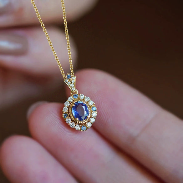 Necklace Copper Mixed Gemstone Inlay Zirconia Oval Imitation Sapphire Pendant Light Luxury Geometric Style