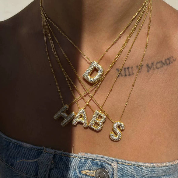 Necklace Copper Plated Real Gold Micro Inlaid Zircon Geometric Balloon Letter Pendant Simple Style