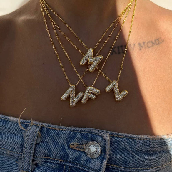 Necklace Copper Plated Real Gold Micro Inlaid Zircon Geometric Balloon Letter Pendant Simple Style