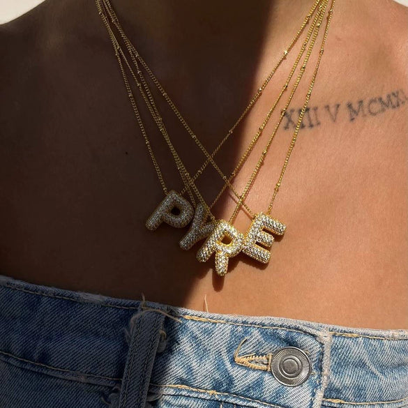 Necklace Copper Plated Real Gold Micro Inlaid Zircon Geometric Balloon Letter Pendant Simple Style