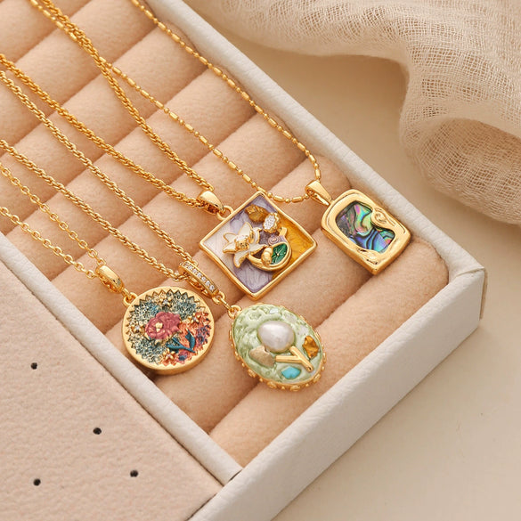 Necklace Copper Plated With Real Gold Freshwater Pearls Geometric Flower Leaf Pattern Electroplating Light Luxury Niche Clavicle Chain For Women French Retro Style
