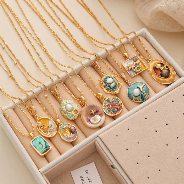 Necklace Copper Plated With Real Gold Freshwater Pearls Geometric Flower Leaf Pattern Electroplating Light Luxury Niche Clavicle Chain For Women French Retro Style