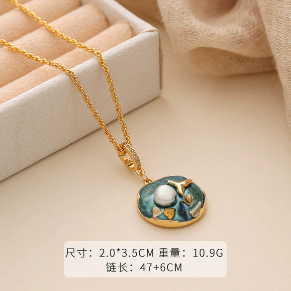 Necklace Copper Plated With Real Gold Freshwater Pearls Geometric Flower Leaf Pattern Electroplating Light Luxury Niche Clavicle Chain For Women French Retro Style