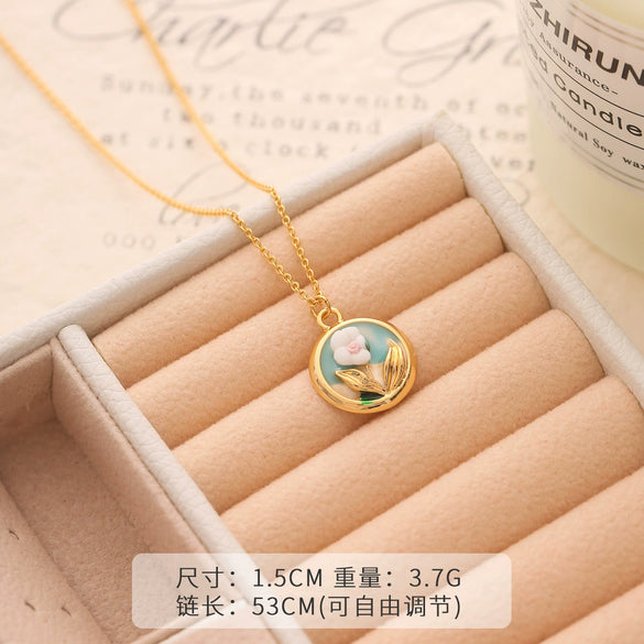Necklace Copper Plated With Real Gold Freshwater Pearls Geometric Flower Leaf Pattern Electroplating Light Luxury Niche Clavicle Chain For Women French Retro Style