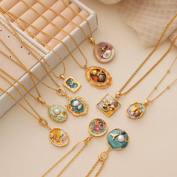 Necklace Copper Plated With Real Gold Freshwater Pearls Geometric Flower Leaf Pattern Electroplating Light Luxury Niche Clavicle Chain For Women French Retro Style