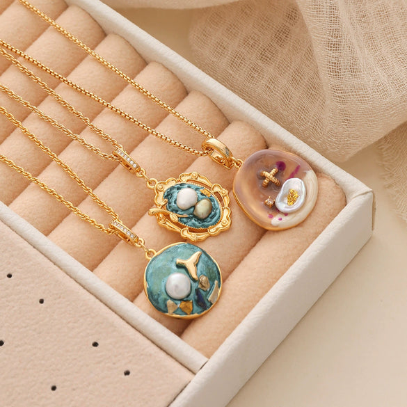 Necklace Copper Plated With Real Gold Freshwater Pearls Geometric Flower Leaf Pattern Electroplating Light Luxury Niche Clavicle Chain For Women French Retro Style