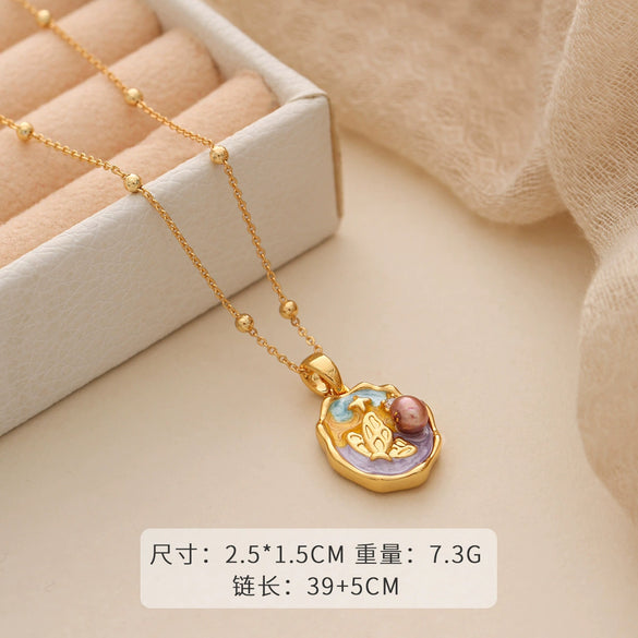 Necklace Copper Plated With Real Gold Freshwater Pearls Geometric Flower Leaf Pattern Electroplating Light Luxury Niche Clavicle Chain For Women French Retro Style