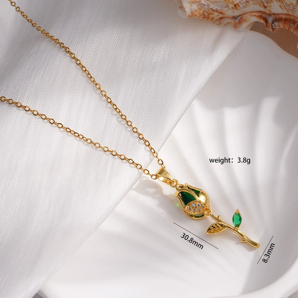 Necklace Copper Titanium Steel Gold Plated Cat's Eye Tulip Design With Flower Leaf Pattern Mixed Gem Inlay For Women