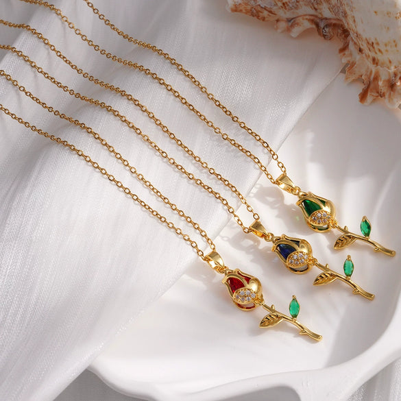 Necklace Copper Titanium Steel Gold Plated Cat's Eye Tulip Design With Flower Leaf Pattern Mixed Gem Inlay For Women