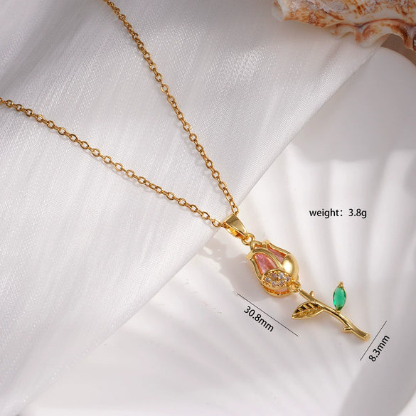 Necklace Copper Titanium Steel Gold Plated Cat's Eye Tulip Design With Flower Leaf Pattern Mixed Gem Inlay For Women