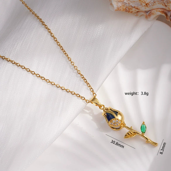 Necklace Copper Titanium Steel Gold Plated Cat's Eye Tulip Design With Flower Leaf Pattern Mixed Gem Inlay For Women