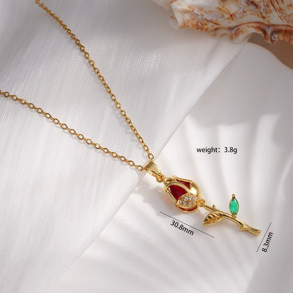 Necklace Copper Titanium Steel Gold Plated Cat's Eye Tulip Design With Flower Leaf Pattern Mixed Gem Inlay For Women