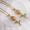 Necklace Copper Titanium Steel Gold Plated Cat's Eye Tulip Design With Flower Leaf Pattern Mixed Gem Inlay For Women