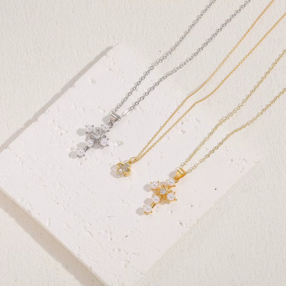 Necklace Copper Zircon Pearl Cross Geometric Electroplating Ochain Pendant