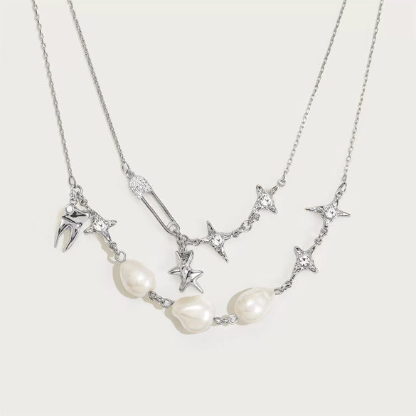 Necklace Double Irregular Paper Clip Pearl Light Zircon Geometric Copper Titanium Steel Electroplated
