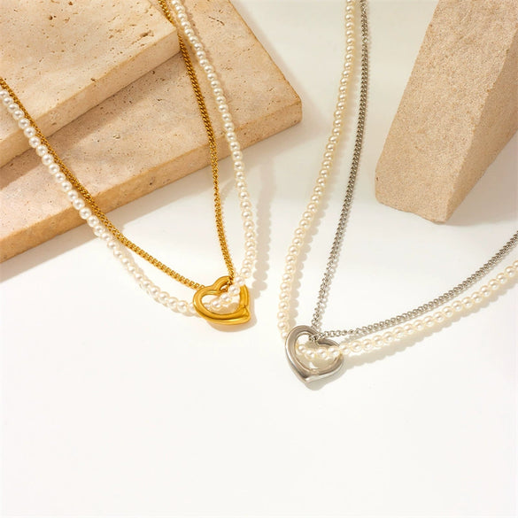 Necklace Double Layer Chain Gold Plated Stainless Steel Pearl Love Fashion Accessories