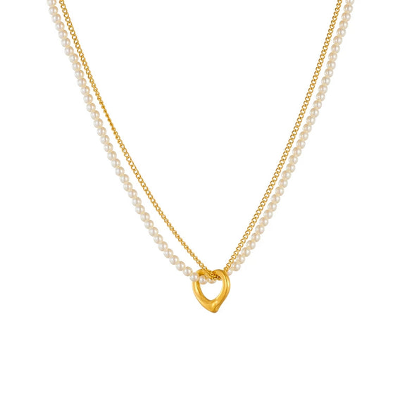 Necklace Double Layer Chain Gold Plated Stainless Steel Pearl Love Fashion Accessories