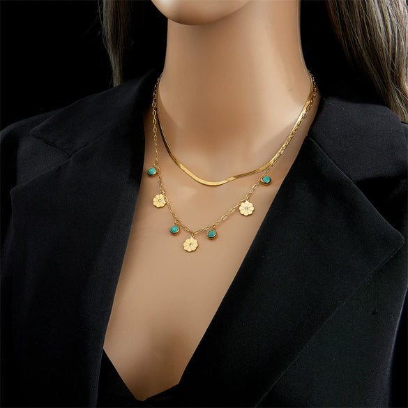 Necklace Double Layer Snake Bone Chain Titanium Steel Geometric Pattern Electroplating For Women