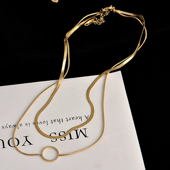 Necklace Doublelayer Snake Chain Hollow Titanium Steel Circle Pendant Geometric Electroplating