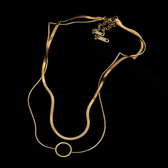 Necklace Doublelayer Snake Chain Hollow Titanium Steel Circle Pendant Geometric Electroplating