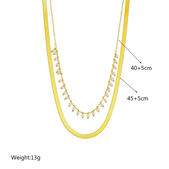 Necklace Doublelayer Stacked Chain Pearl Stainless Steel Jewelry Retro Clavicle Chain Electroplating For Women