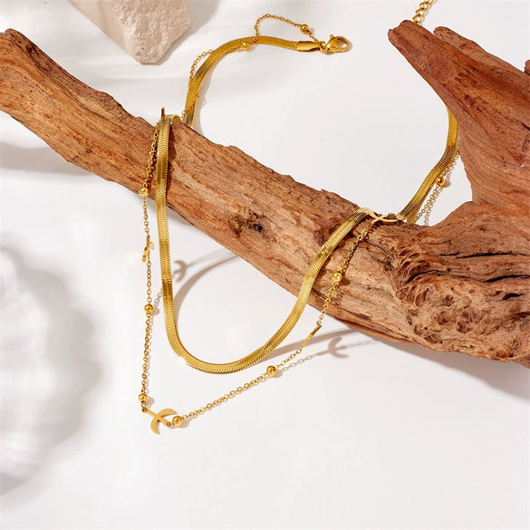 Necklace Fashionable Simple Double Layer Goldplated Stainless Steel Chain With Swallow Design