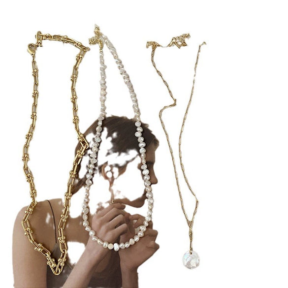 Necklace Fresh Water Pearl Alloy Mixed Gem Inlay Geometric Electroplating Snake Bone Chain