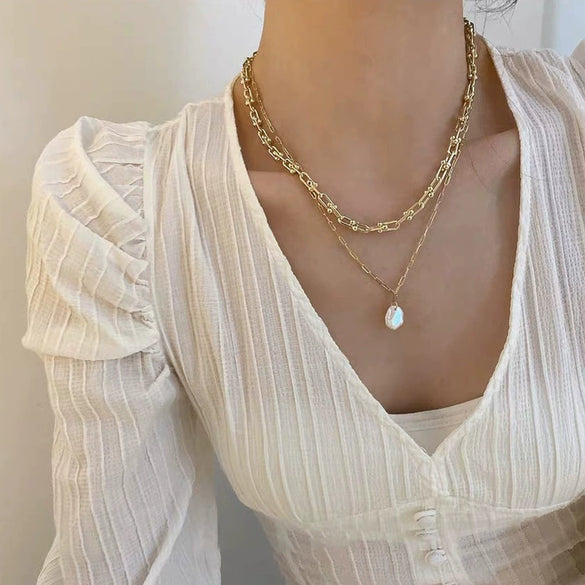 Necklace Fresh Water Pearl Alloy Mixed Gem Inlay Geometric Electroplating Snake Bone Chain