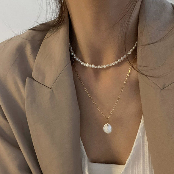 Necklace Fresh Water Pearl Alloy Mixed Gem Inlay Geometric Electroplating Snake Bone Chain