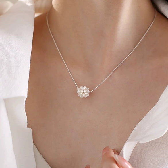 Necklace Freshwater Pearl Ball Copper Crystal Flower Handmade Women's Natural Style
