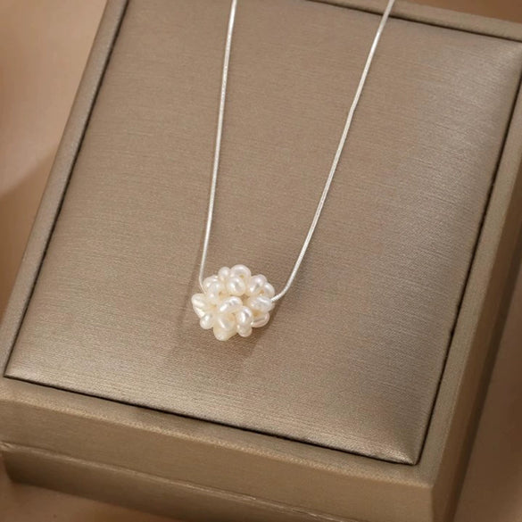 Necklace Freshwater Pearl Ball Copper Crystal Flower Handmade Women's Natural Style