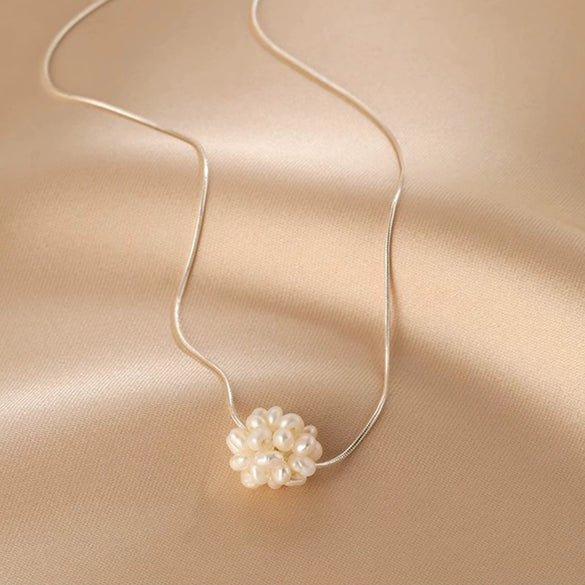 Necklace Freshwater Pearl Ball Copper Crystal Flower Handmade Women's Natural Style