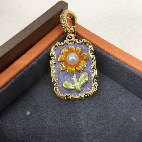 Necklace Freshwater Pearl Copper Oil Painting Style Sunflower Pattern Gold Color Preservation Flat Round Rose Buns Round