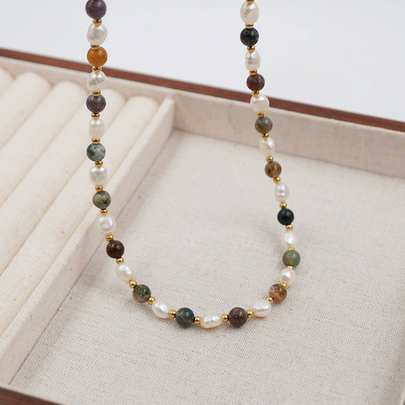 Necklace Freshwater Pearl Dopamine Girl Colorful Stone Niche Geometric Handmade Clavicle Chain Accessories For Women