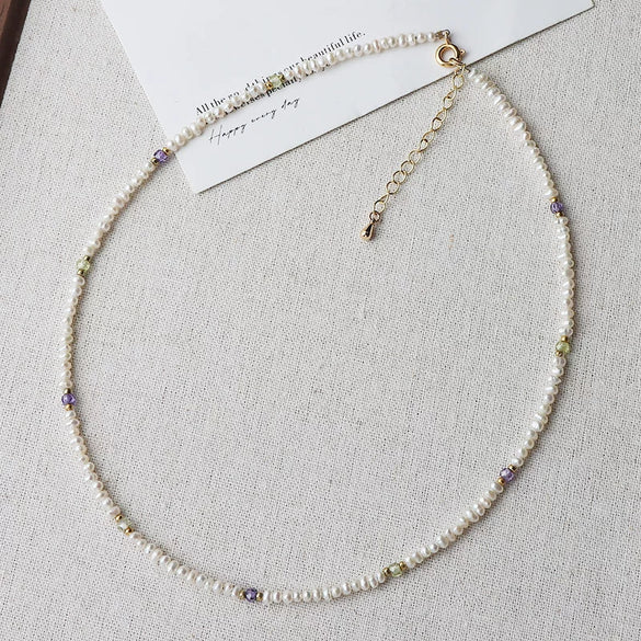 Necklace Freshwater Pearl Irregular Rice Droplet Shape Copper Minimalist Original Design Facet Zircon Crystal